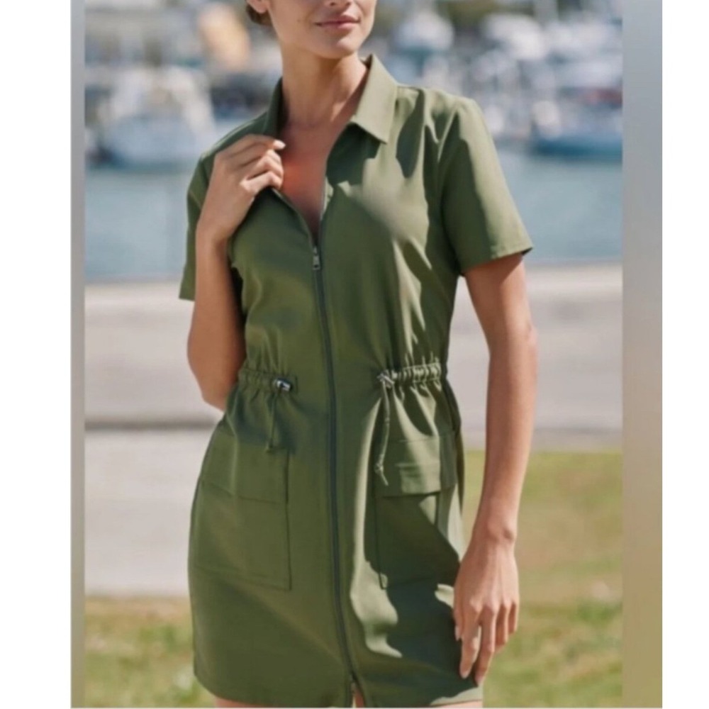 Beyond Yoga Olive Green City Chic Short Sleeve Mini Zip Shirtdress Large